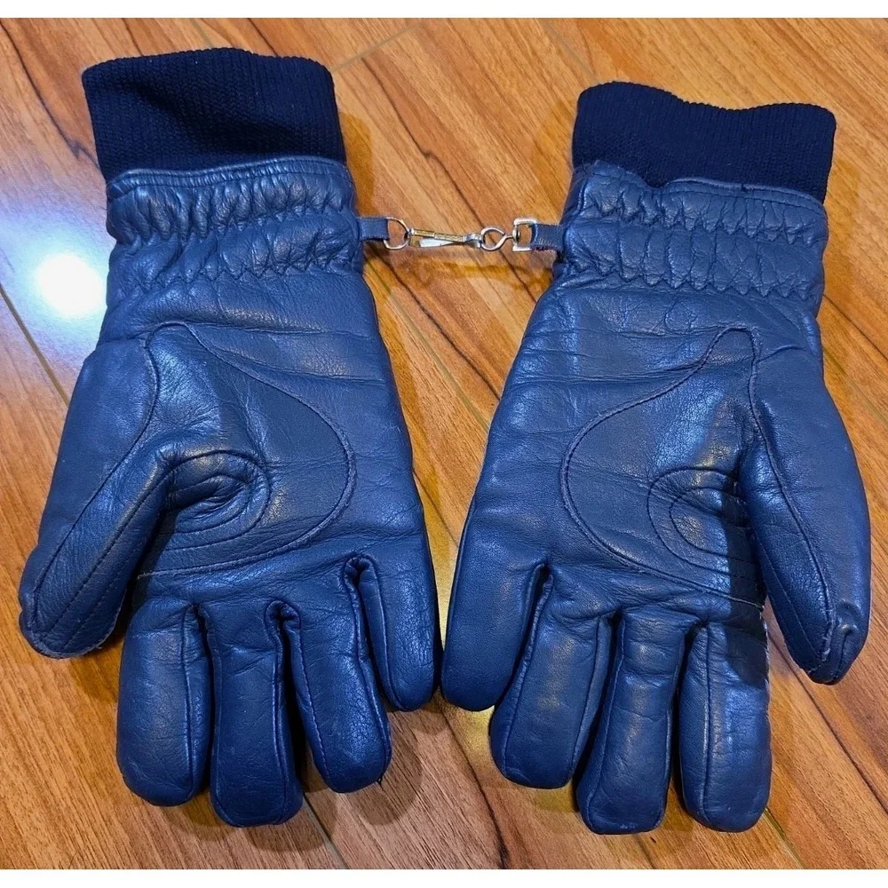 Vintage Colins Montreal Ski Gloves Navy Leather Perforated Rainbow Retro Grandoe